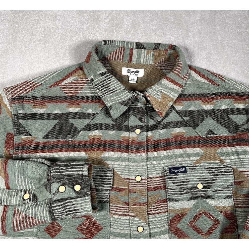 Wrangler Retro Womens Large Aztec Pearl Snap Heavyweight Flannel Western Shirt